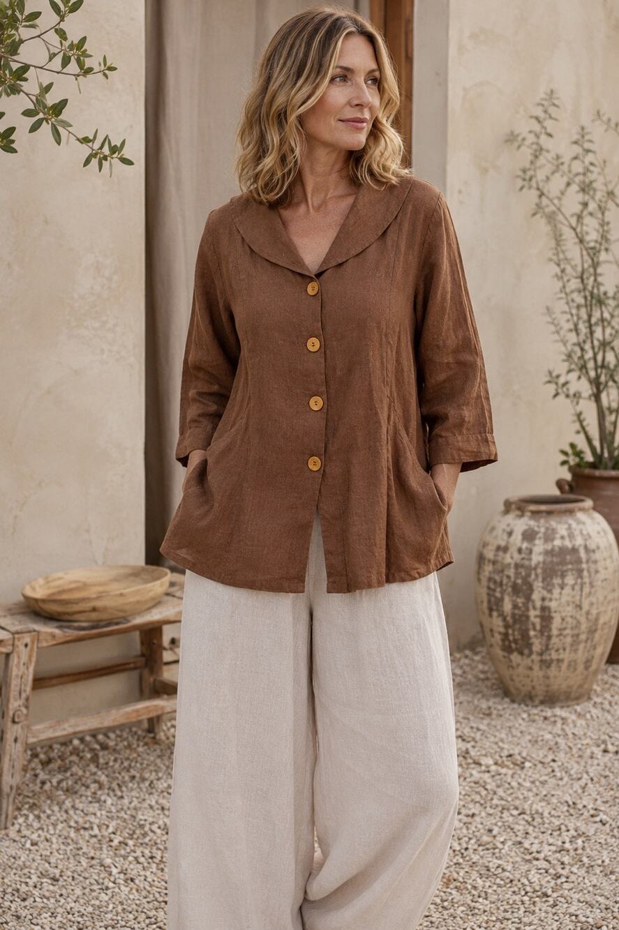 FLAX Stepping Up Jacket M Chocolate Brown Linen Lagenlook Coastal Boho Artwear